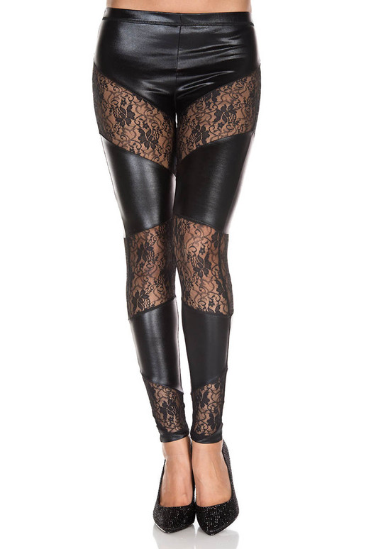 Lace Inset Wet Look Legging