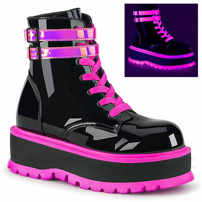 Demonia Womens Ankle Boots in Black Patent-UV Iridescent Pink - SLACKER-52 - 9