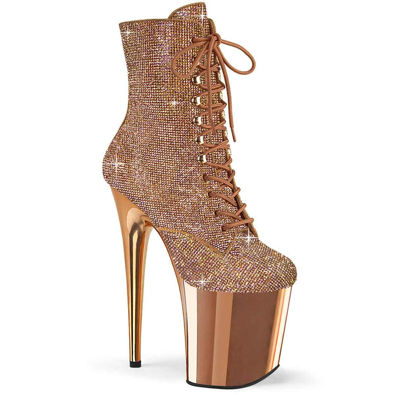 Adore-1020CHRS, 7" Rose Gold Rhinestones Ankle Boots By Pleaser