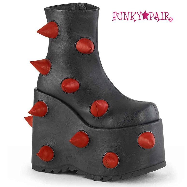 Demonia | SLAY-77, Black Platform Ankle Boot With Red Puffed Horns