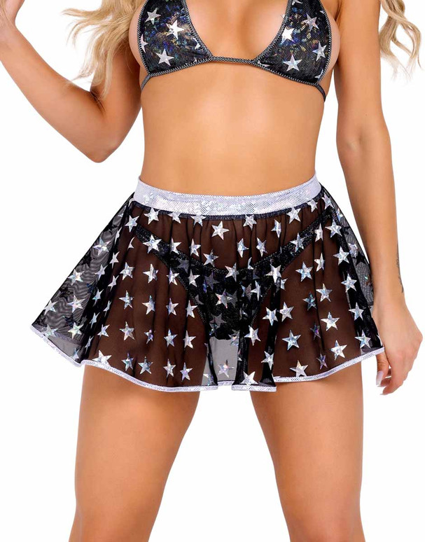 R-6082 - Black Mesh Flare Rave Skirt with Stars Print By Roma