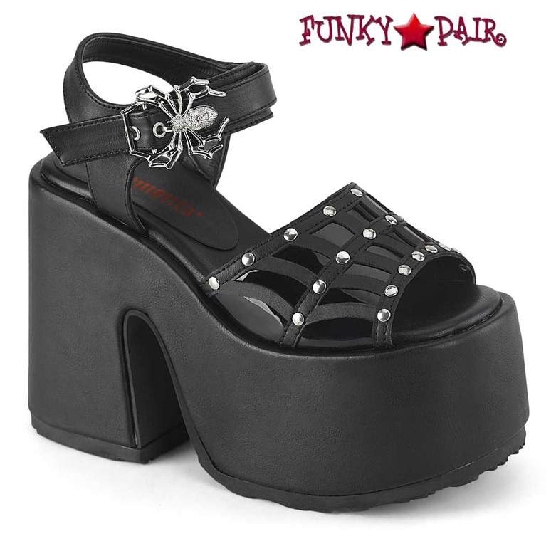 Demonia Cramps-03 Black Vegan Leather Platform Block Heel Ankle Strap Zip Shoes 