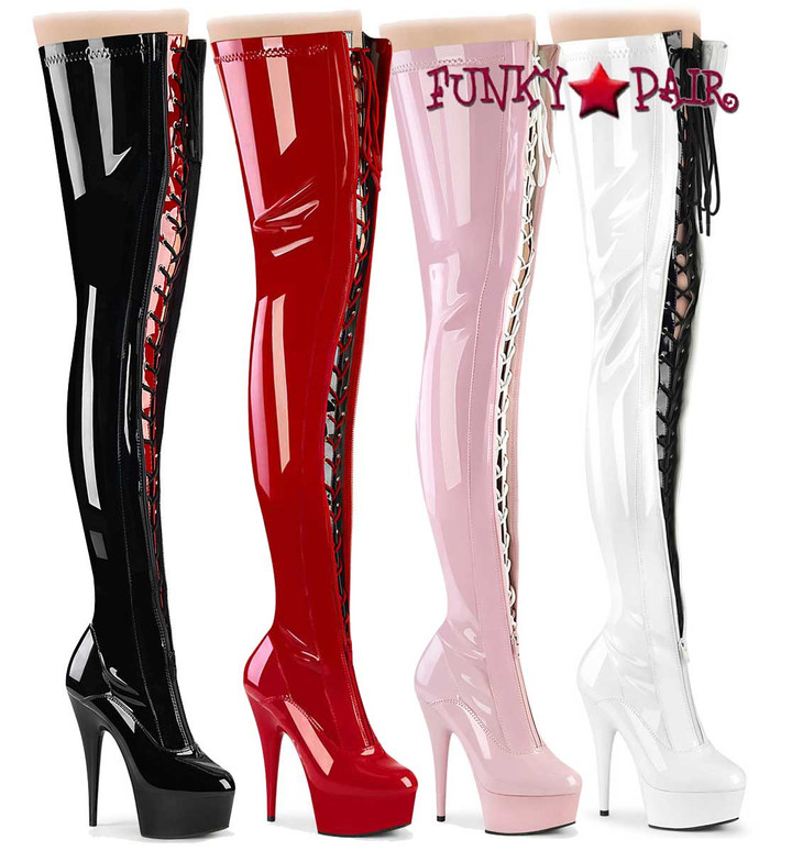 Pleaser DELIGHT-3027, Two-Tone Lace-up Thigh High Boots