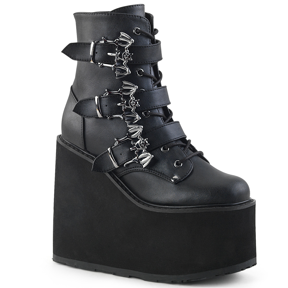 Demonia | Swing-103 Women's Goth Triple Bat Buckles Wedge Platform Ankle  Boots