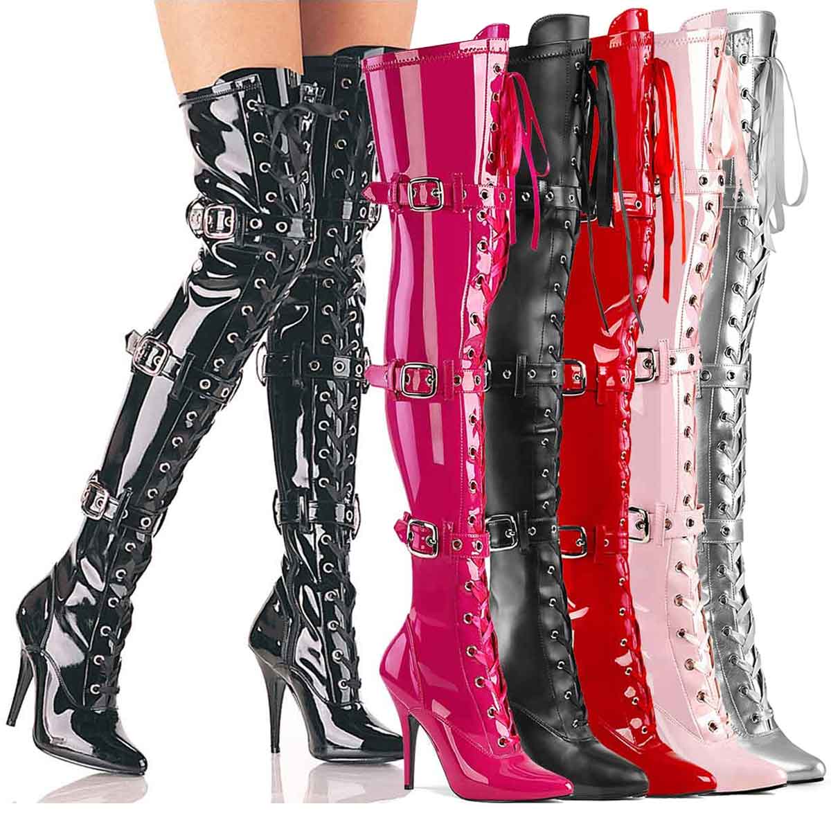 Pleaser Seduce-3028, Inch Lace up Thigh High Boots