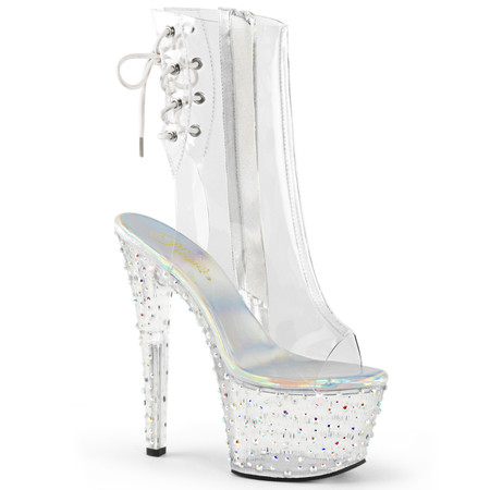 Pleaser | Stardance-1018C-7, Clear Ankle Boots with Rhinestones Platform