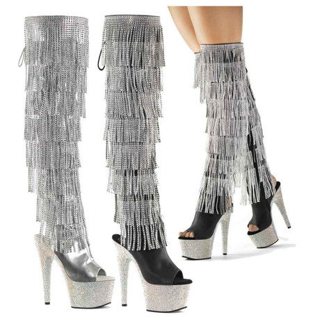Pleaser | Bejeweled-3019RSF-7, 7 Inch Fringe Thigh High Boots