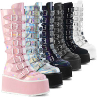 Damned-318, Raver Buckle Straps w/ Metal Plates Knee High Boots by Demonia