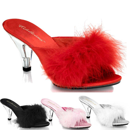 BELLE-301F, 3 Inch High Heel Marabou Slipper | Fabulicious Shoes