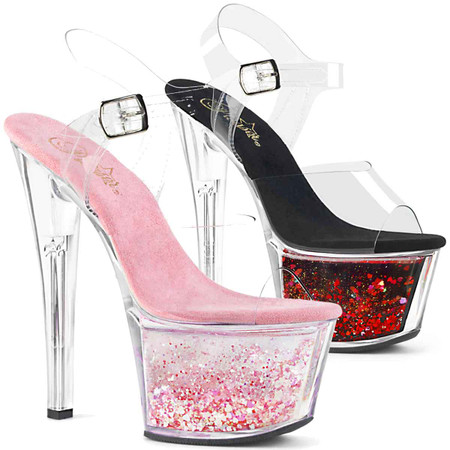 Pleaser | SKY-308WHG, 7 Inch Ankle Strap with Flowing Glitters in Platform