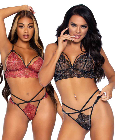 2 Pc Rhinestone Lace Bralette and G-String Set -  Large - Burgundy