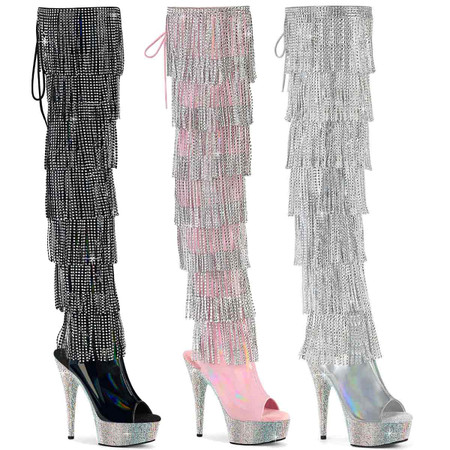BEJEWELED-3017HG-RSF-6, 6 Inch Rhinestones Fringe Thigh High Boots