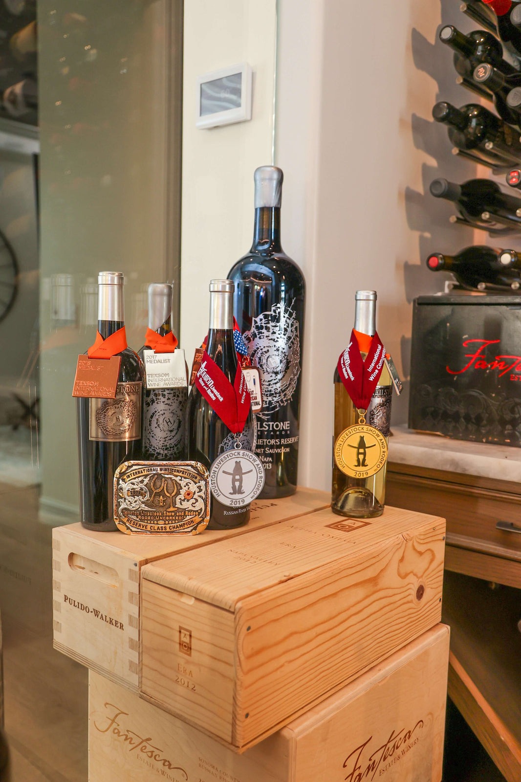 Hailstone bottle standing on a barrel in a tasting room