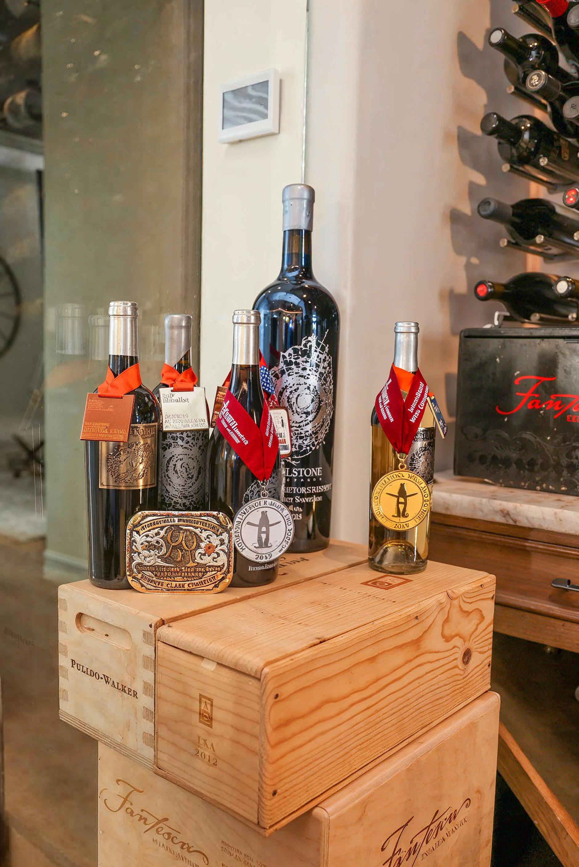 Hailstone bottles and medals in a Napa tasting room