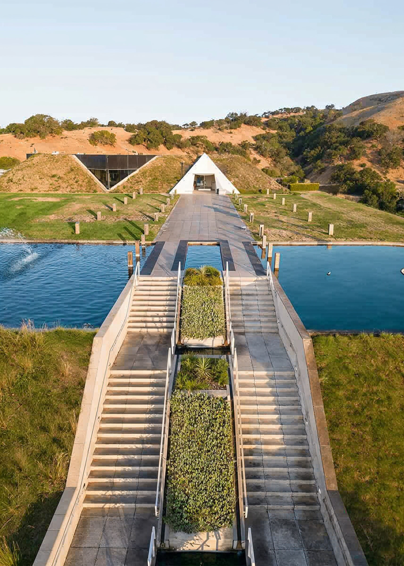The pyramid entrance and reflecting pools at Artesa Winery in Carneros