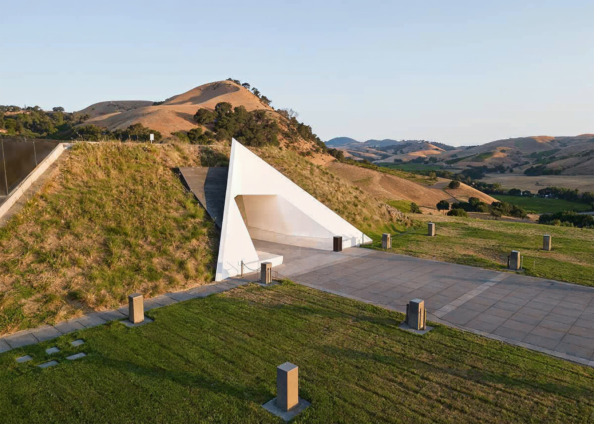 The pyramid entrance at Artesa Winery on the Carneros hilltop, vineyards in the distance