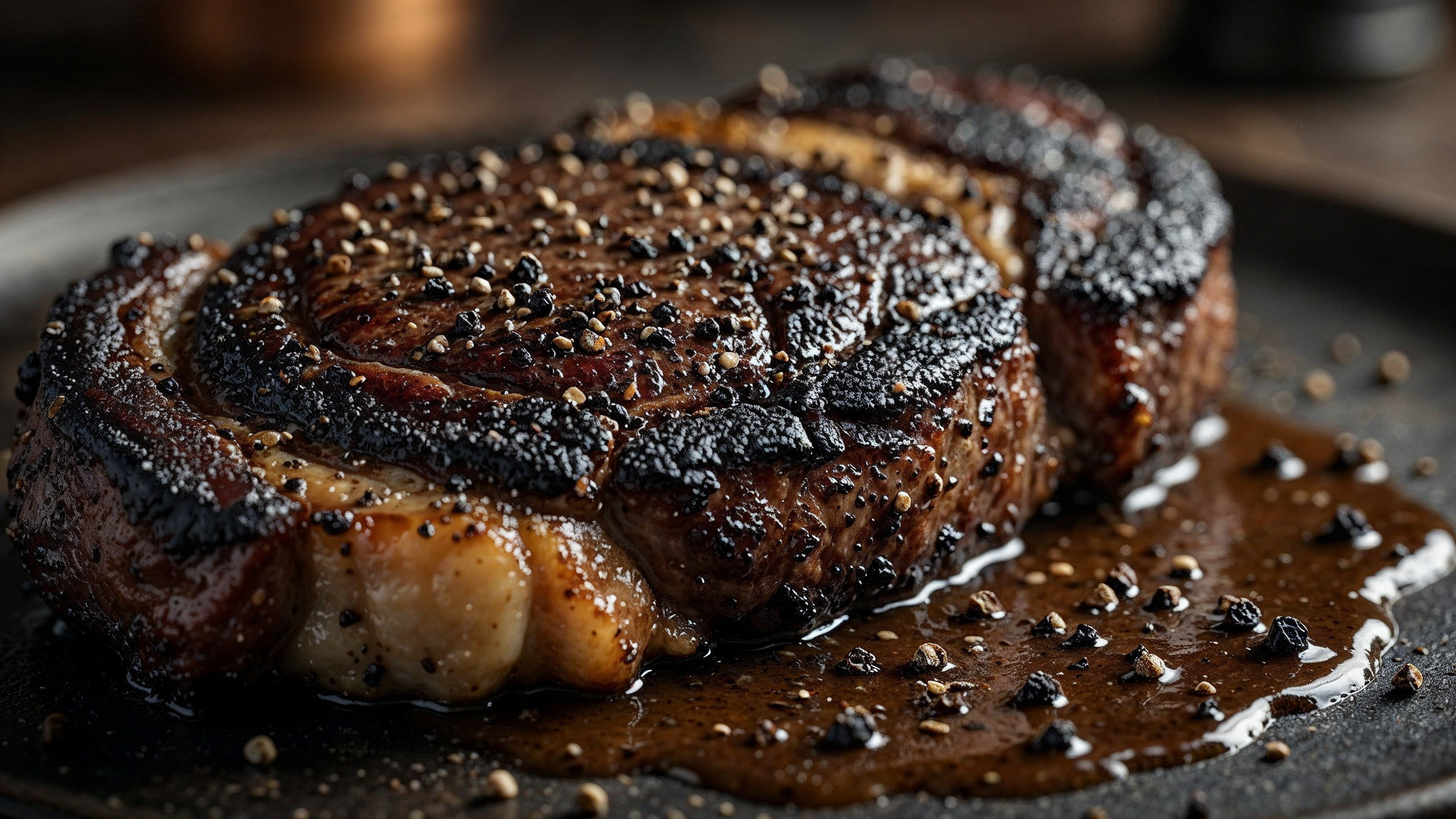 Charred ribeye steak with cracked-pepper pan sauce