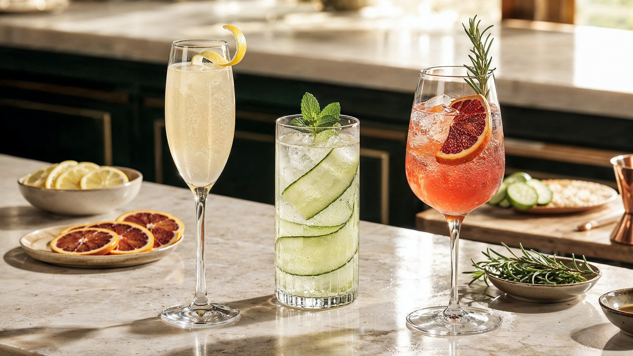 Three Zero Royale mocktails: lemon, cucumber mint, and blood orange