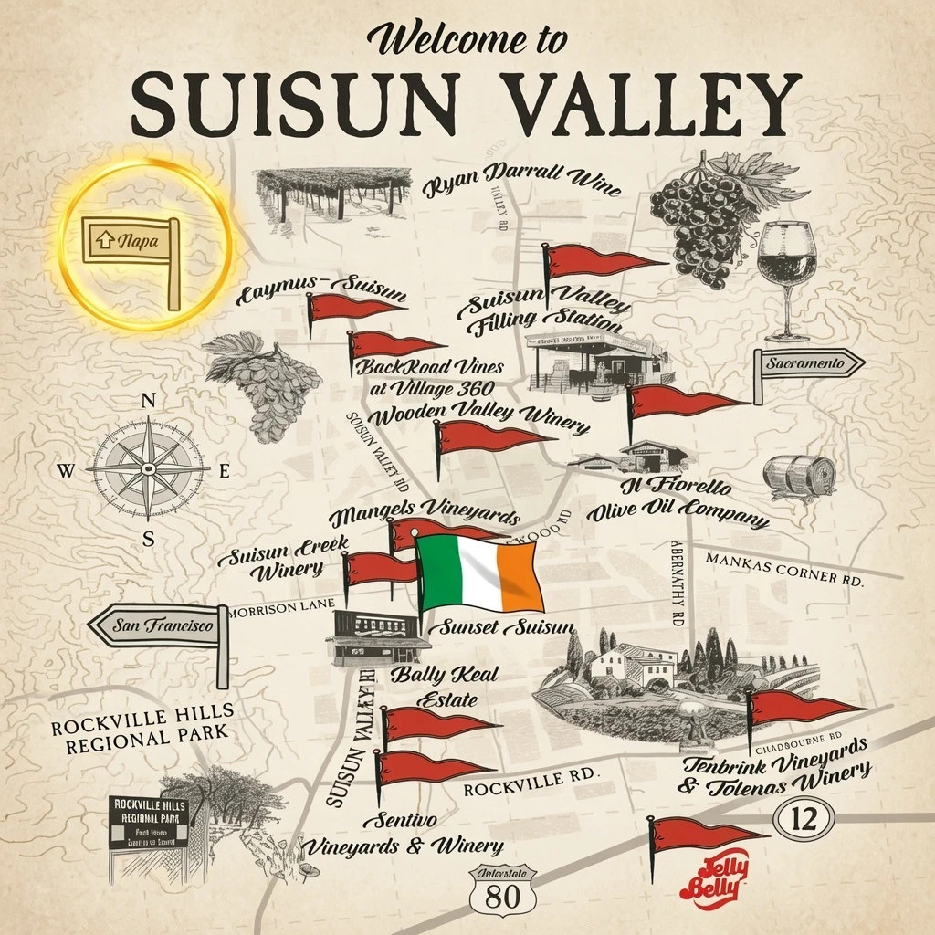 Illustrated map of Suisun Valley with Bally Keal Estate marked near the Napa line