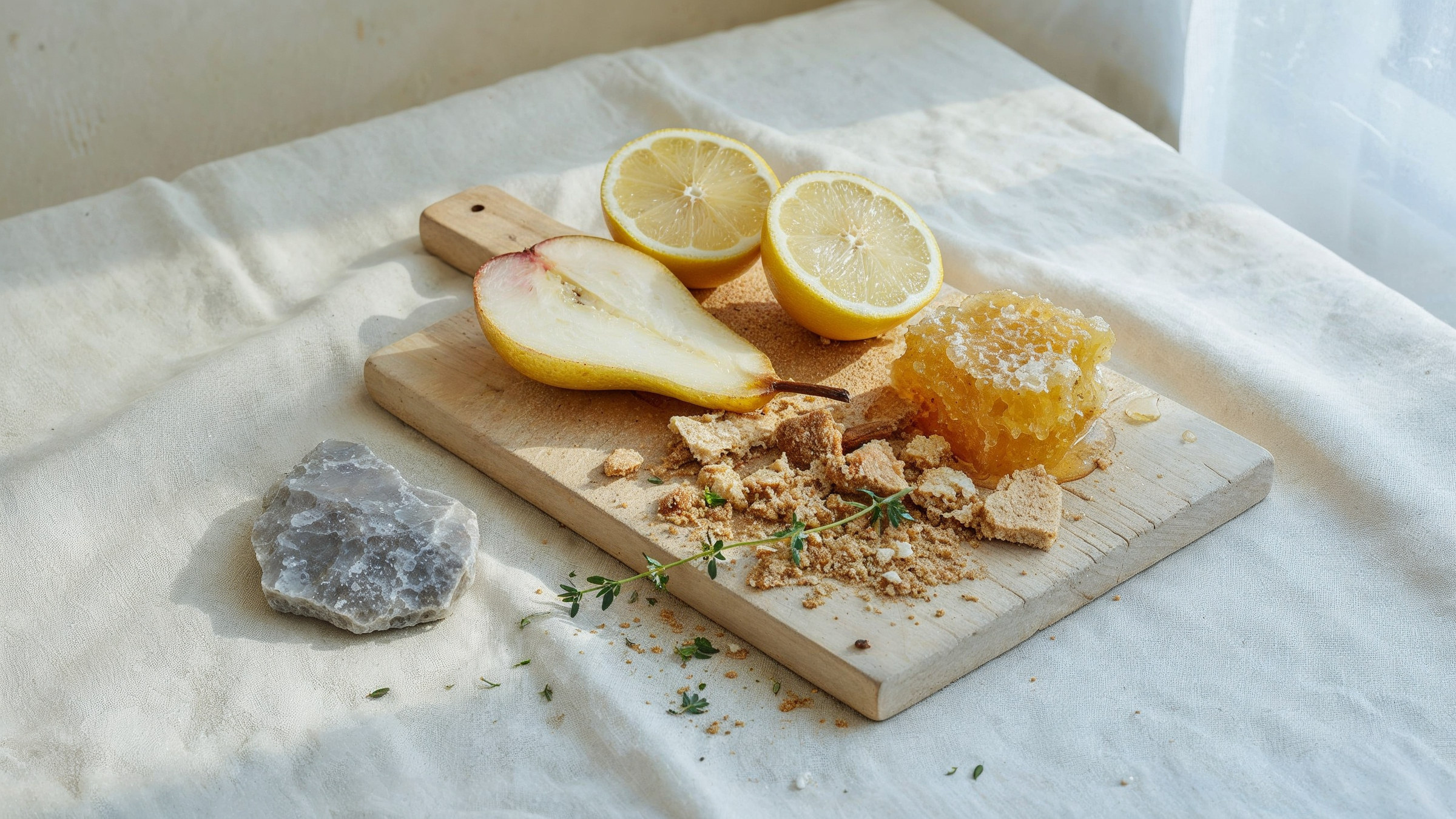 Pear, lemon, honeycomb and flint still life for Petaluma Gap Chardonnay