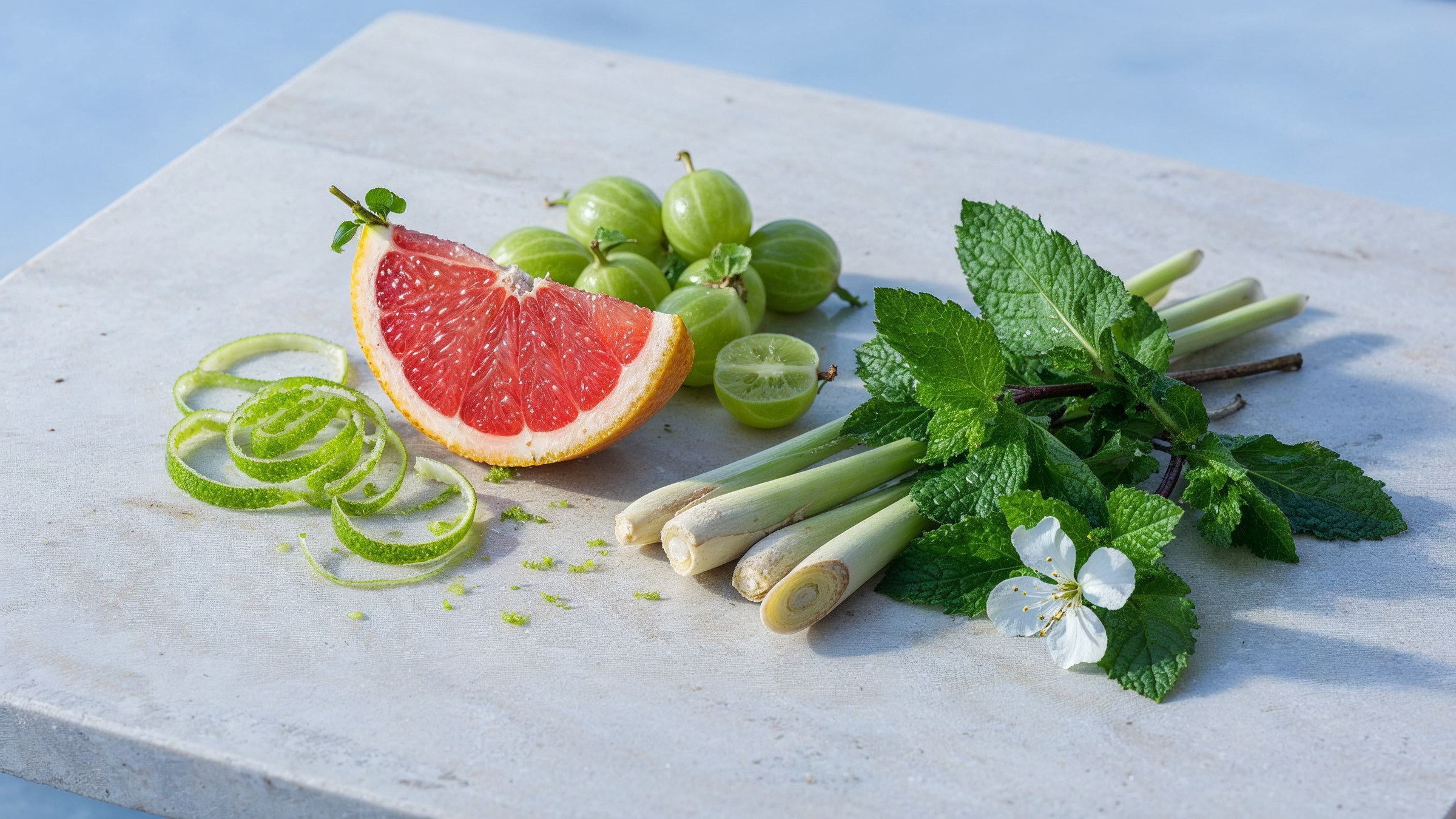 Grapefruit, gooseberry, lime and mint still life for Sauvignon Blanc