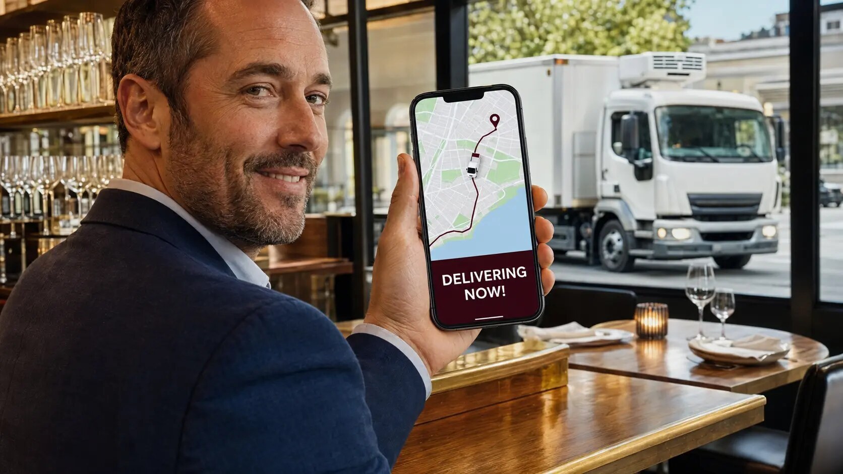 Hospitality buyer viewing live wine delivery status on a phone
