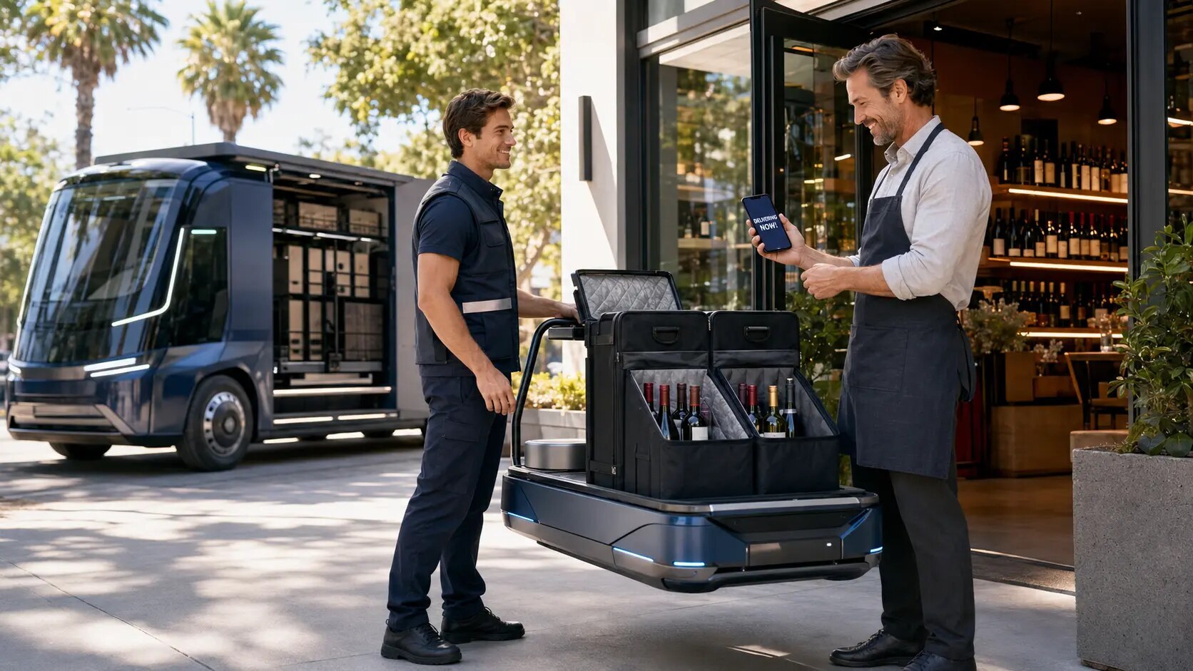 Wine delivery specialist completing a technology-assisted handoff with a trade customer