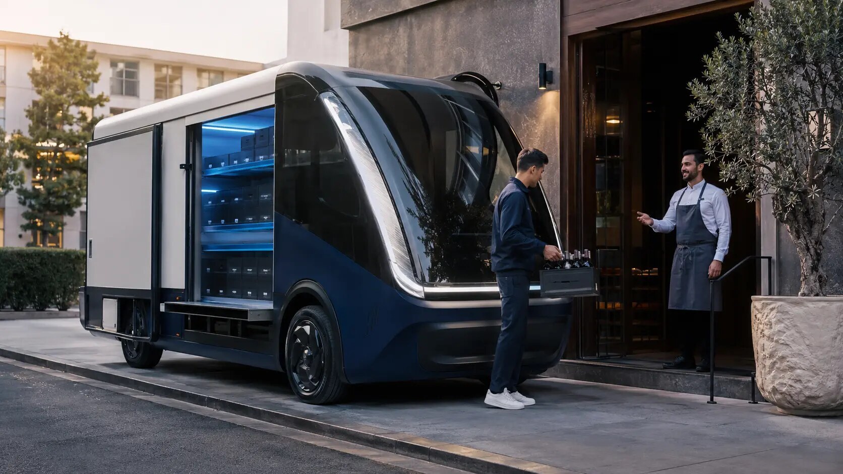 Temperature-controlled electric wine delivery vehicle at a restaurant