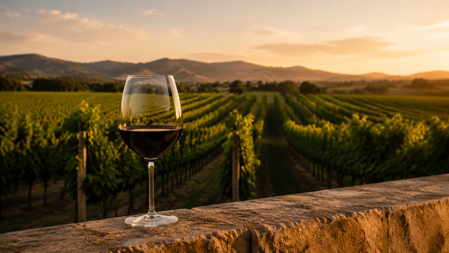 Editorial glass of Cabernet overlooking California vineyard rows at golden hour
