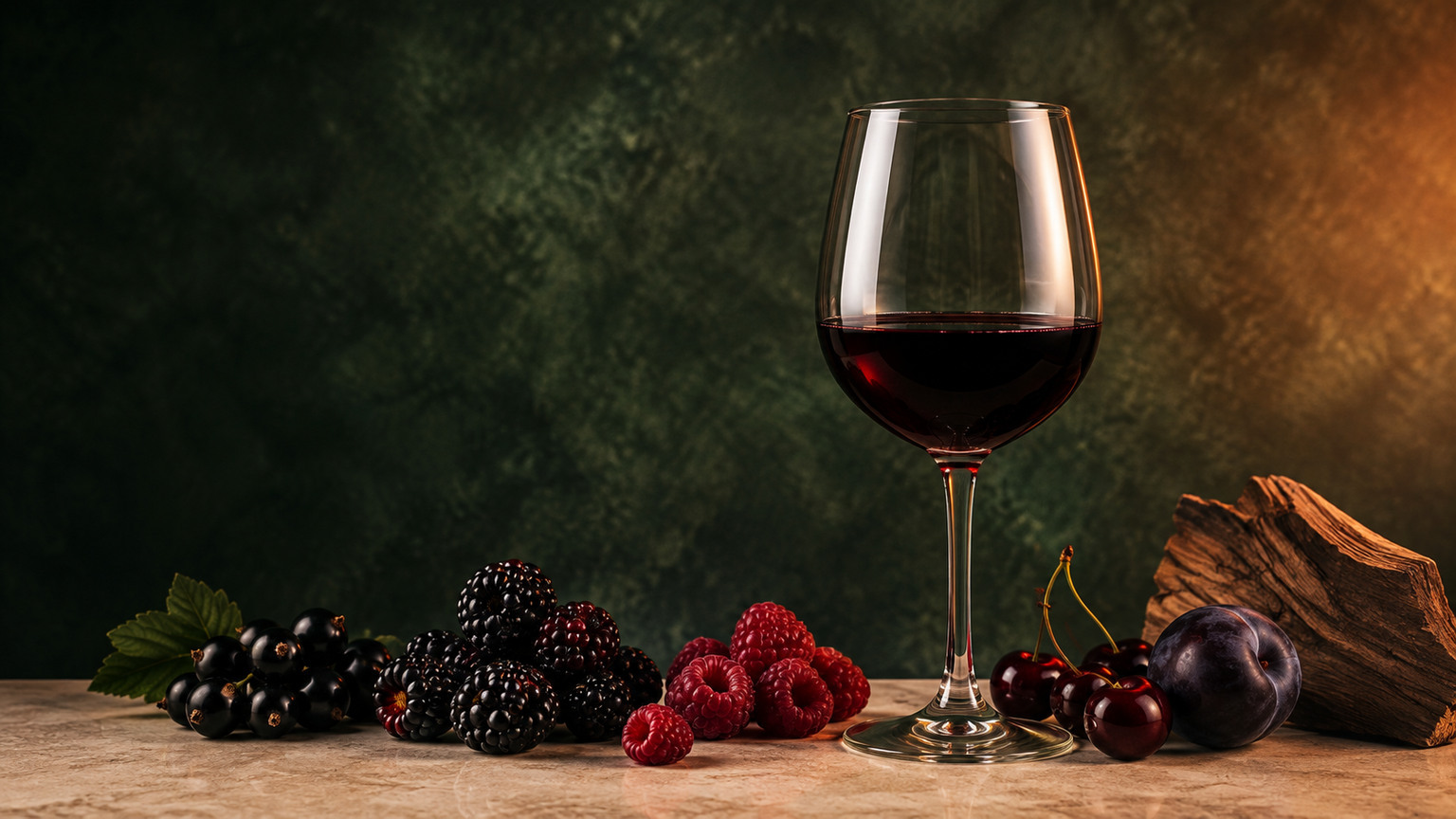 Editorial Cabernet sensory still life with cassis, boysenberries, red raspberries, black cherries, plum and French oak
