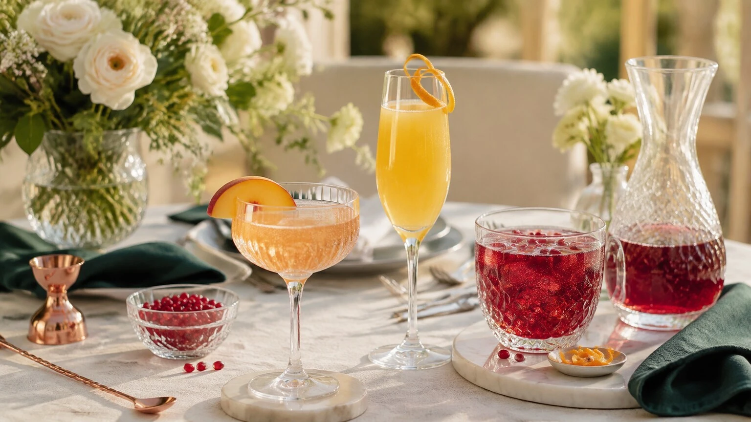 Bellini, mimosa, and cranberry pomegranate sparkling mocktails at an elegant brunch table