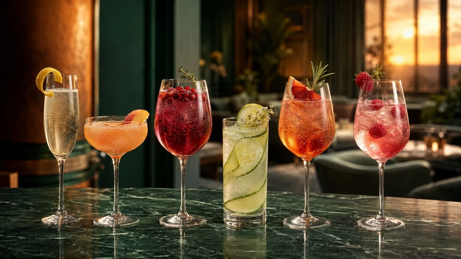 Flight of six colorful sparkling mocktails on a deep green marble bar