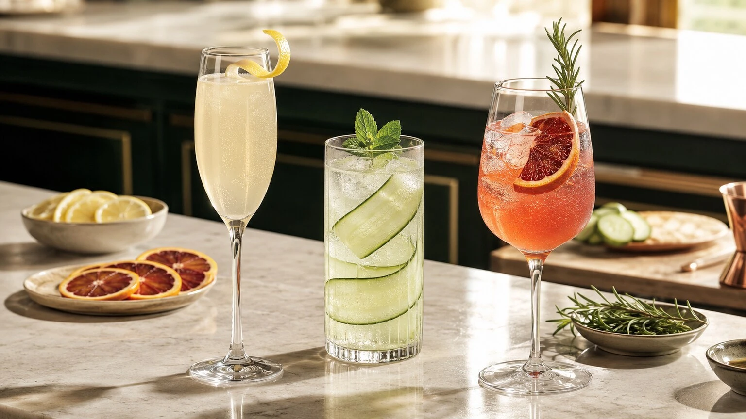 Three premium sparkling mocktails with lemon, cucumber, and blood orange garnishes
