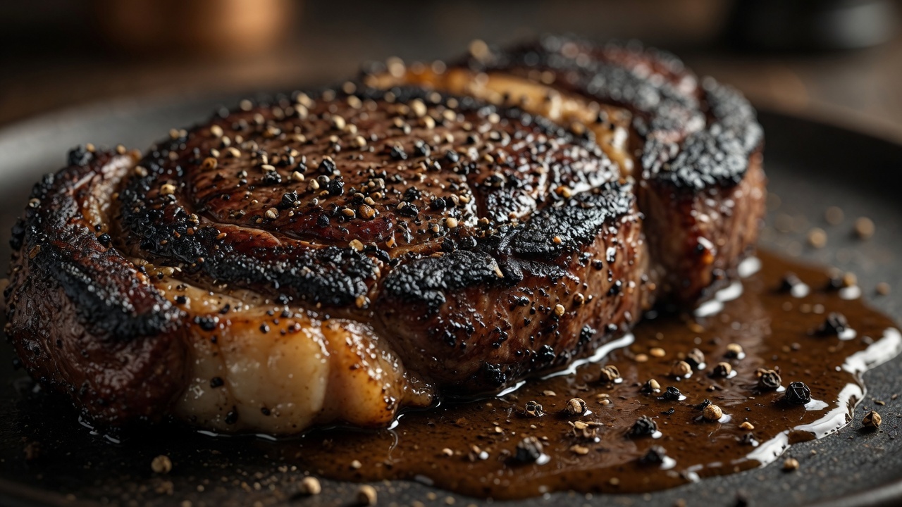 Charred ribeye with cracked pepper jus