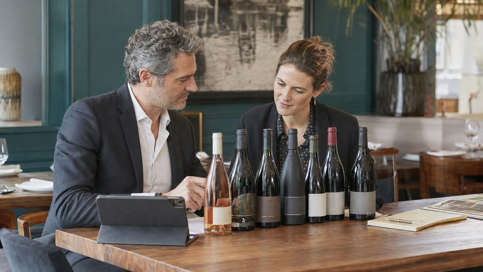Professional wine buyer and representative evaluating a focused wholesale assortment