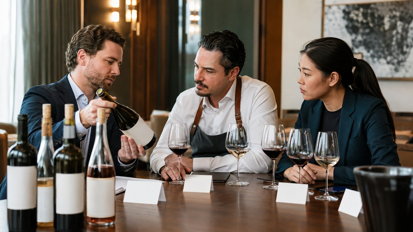 Wine representative leading a curated sample tasting with a hospitality beverage team