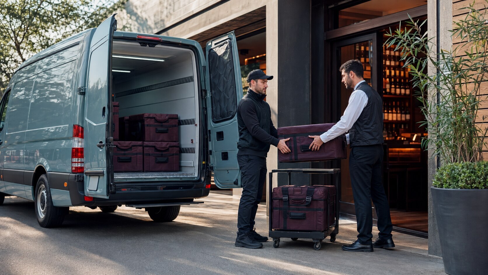 Professional wine delivery arriving at a restaurant in a protected temperature-conscious vehicle
