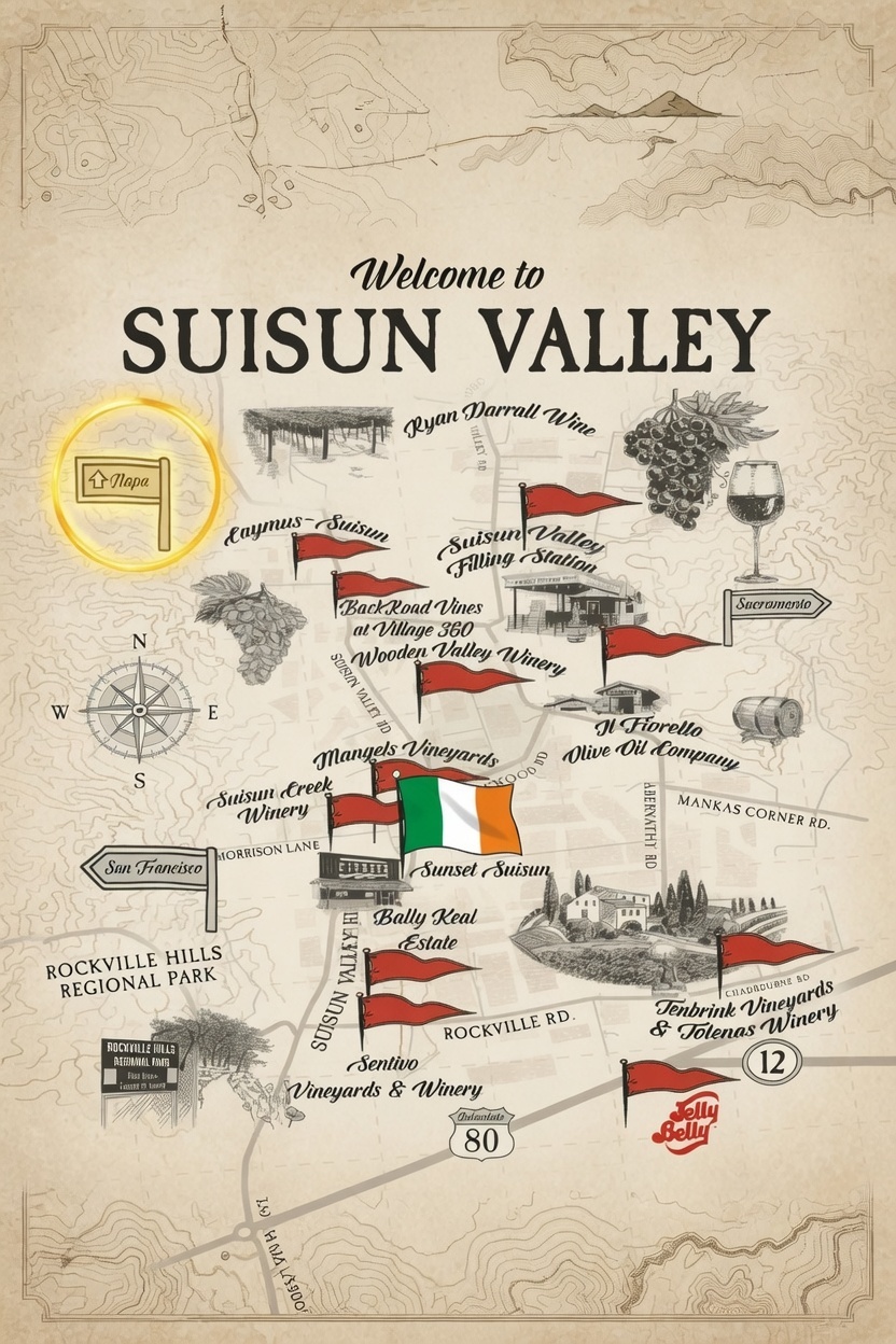 Suisun Valley map showing Bally Keal Estate in relation to Napa County
