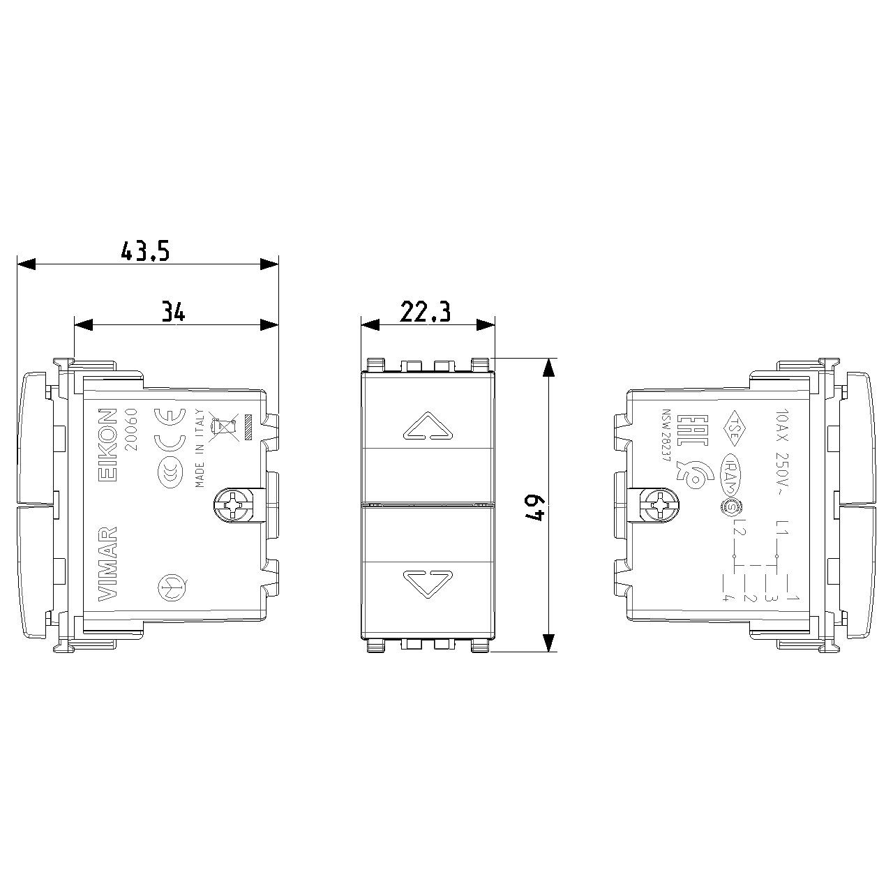 Vimar - Eikon 20060 2-Way Push Button - 2P 10AX, 10A, 250V, Directional Arrows - Apollo Lighting