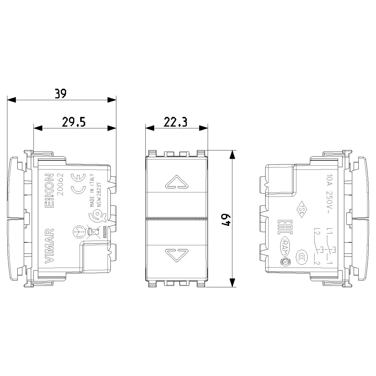 Vimar - Eikon 20062 Push Button - NO+NO, 10A, 250V, Directional Arrows - Apollo Lighting