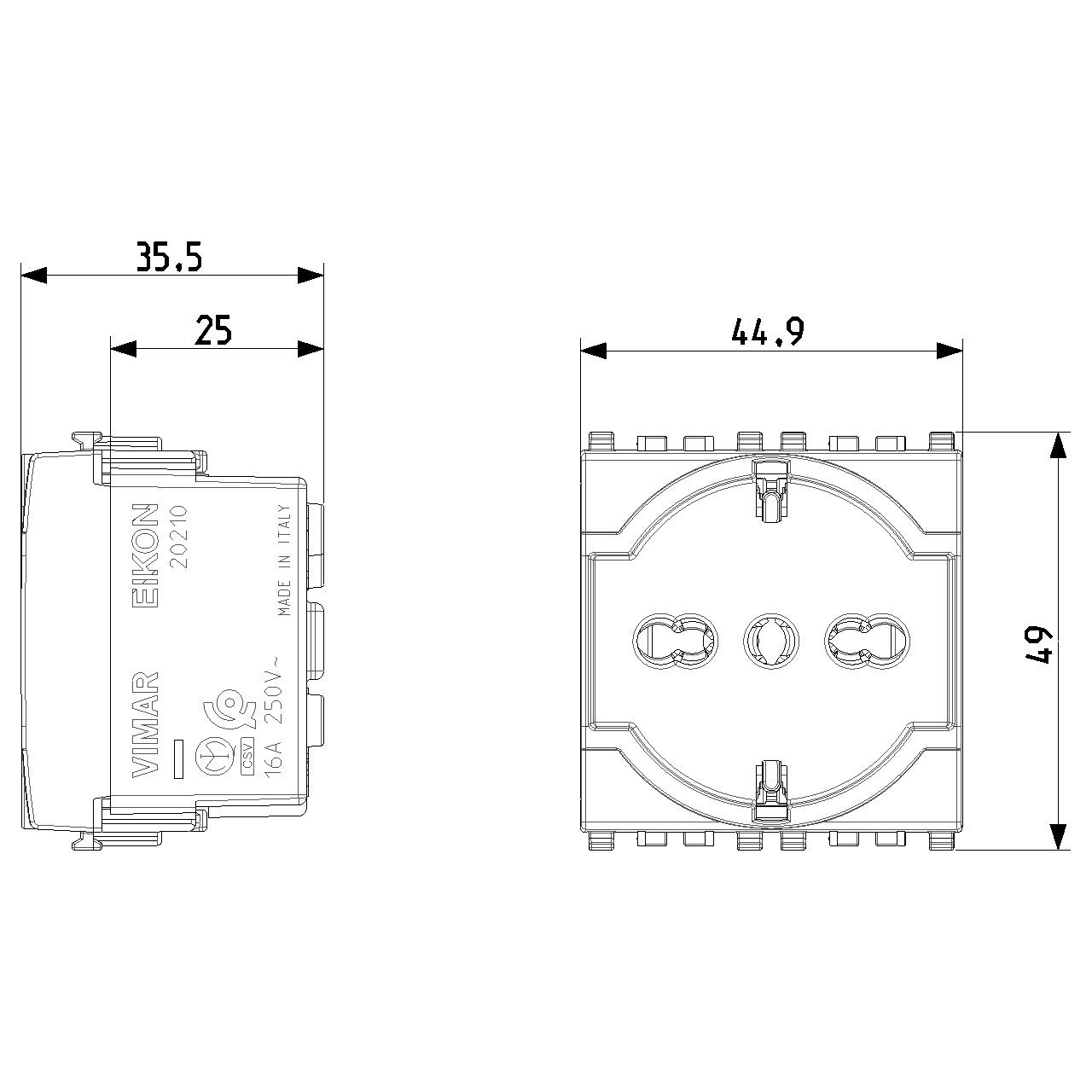 Vimar - Eikon 20210 Universal SICURY Socket Outlet - 2P+E 16 A 250 V, P40 Italian Standard, 2 Module - Apollo Lighting