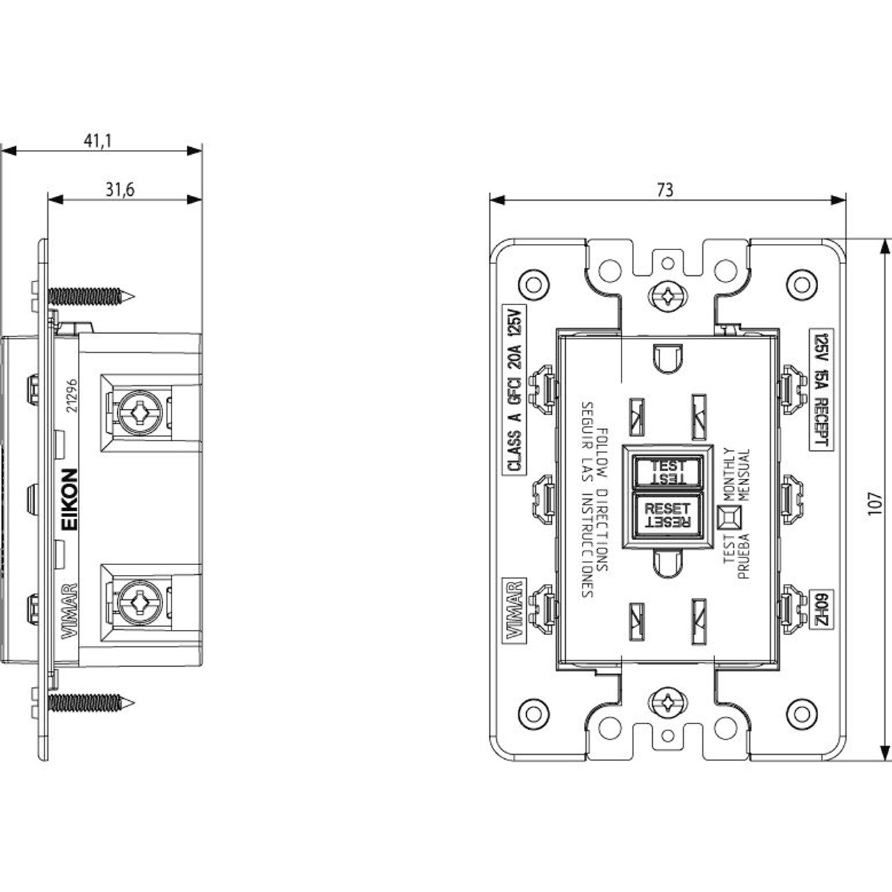 Vimar - Eikon 21296 USA Socket Outlet - Double 2P+E 15 A 125 V, American Standard, 60 Hz, Plastic - Apollo Lighting