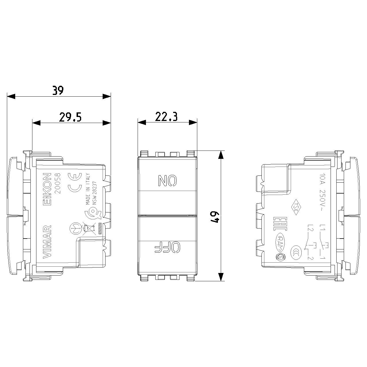 Vimar - Eikon 20058 Push Button - NO+NC, 10A, 250V, ON/OFF Symbols - Apollo Lighting