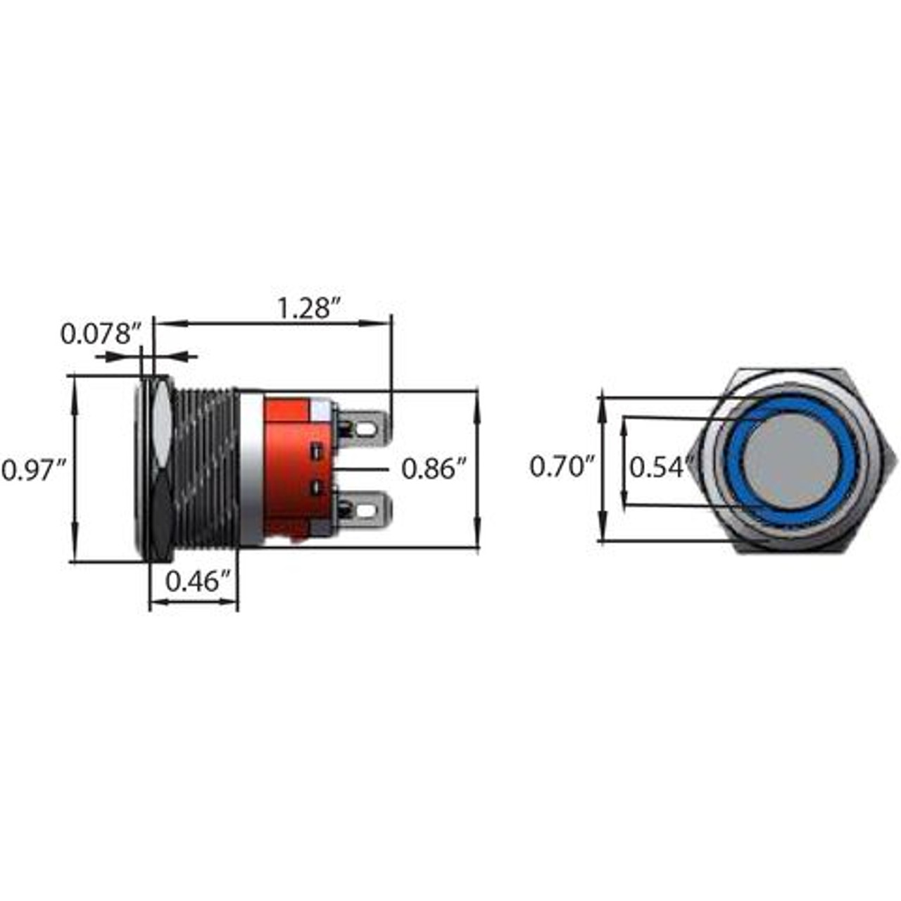 Plash - Push Button - Illuminated Switch, 15A, Red, 12V, IP67 (PL22S-M-12VR) - Apollo Lighting