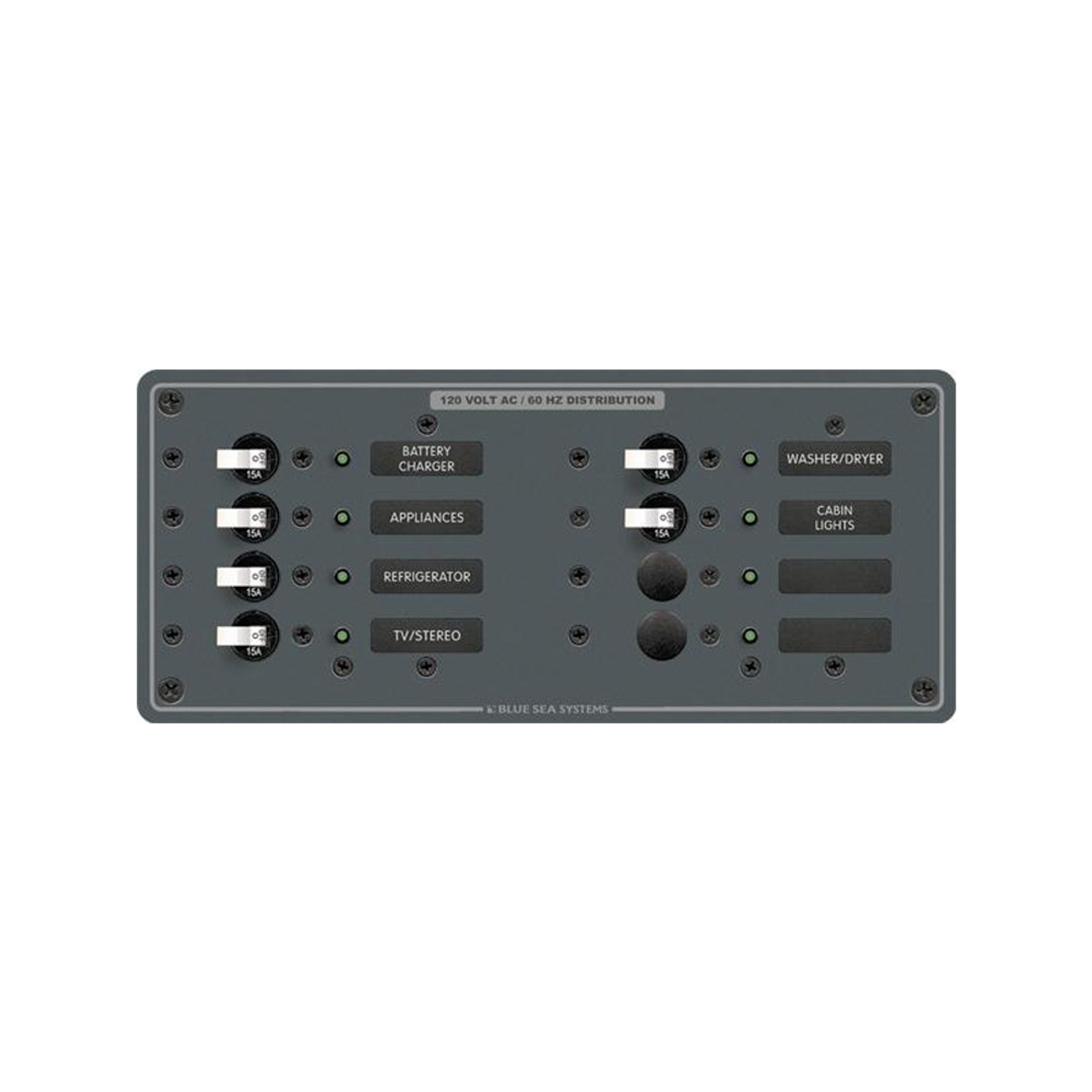 Blue Sea - 8511 Circuit Breaker Panel - White Switches, AC 8 Position, 230V (European) - Apollo Lighting