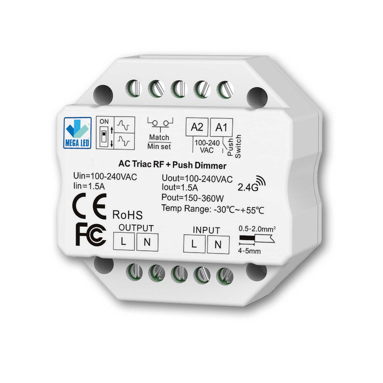 Mega LED - Electronic TRIAC Dimmer - For RF Remote, Input 100-240V AC, 1.5A Max For 1 Channel (32527) - Apollo Lighting