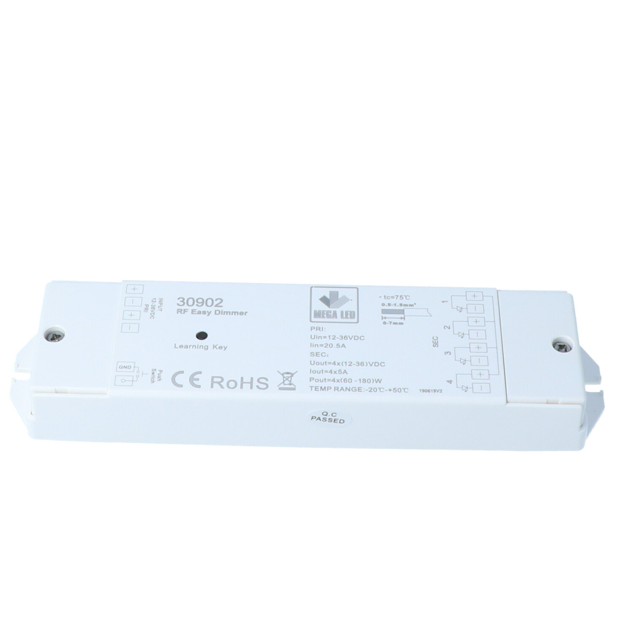 Mega LED - Electronic Dimmer - For RF Remote, For Smooth Dimming, Input 12-36V DC, 4X5A, 20A Max - Apollo Lighting