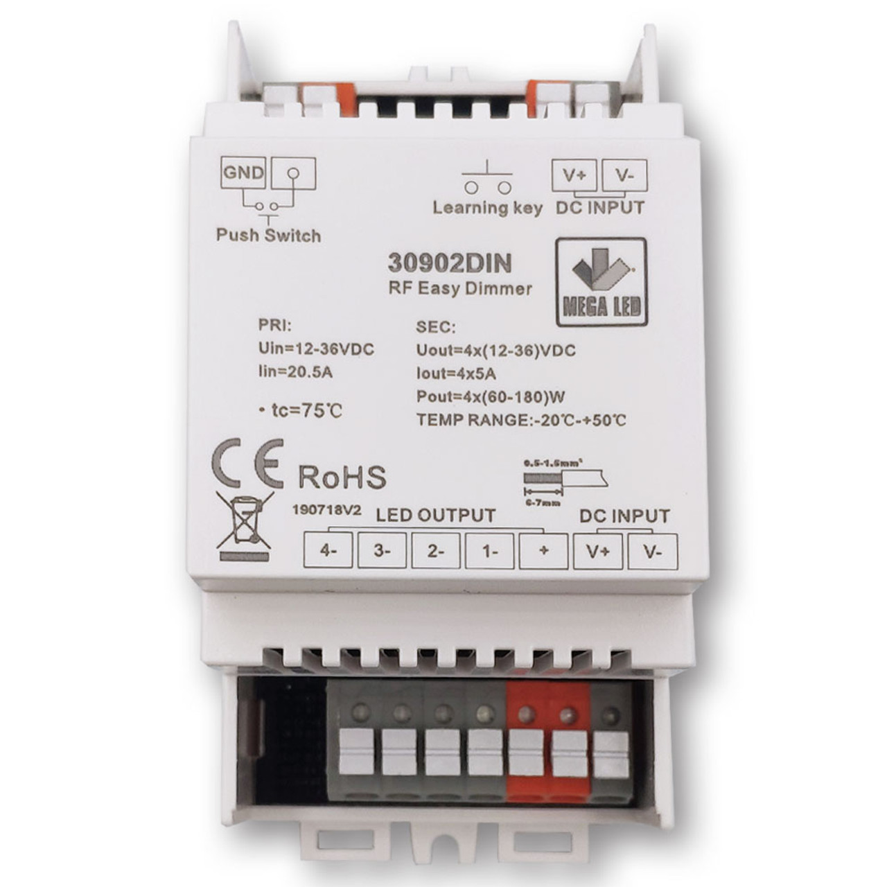 Mega LED - Electronic Dimmer - Ideal For All LED Lights, Input 12-36V DC, 20A Max, 240-720W (30902DIN) - Apollo Lighting