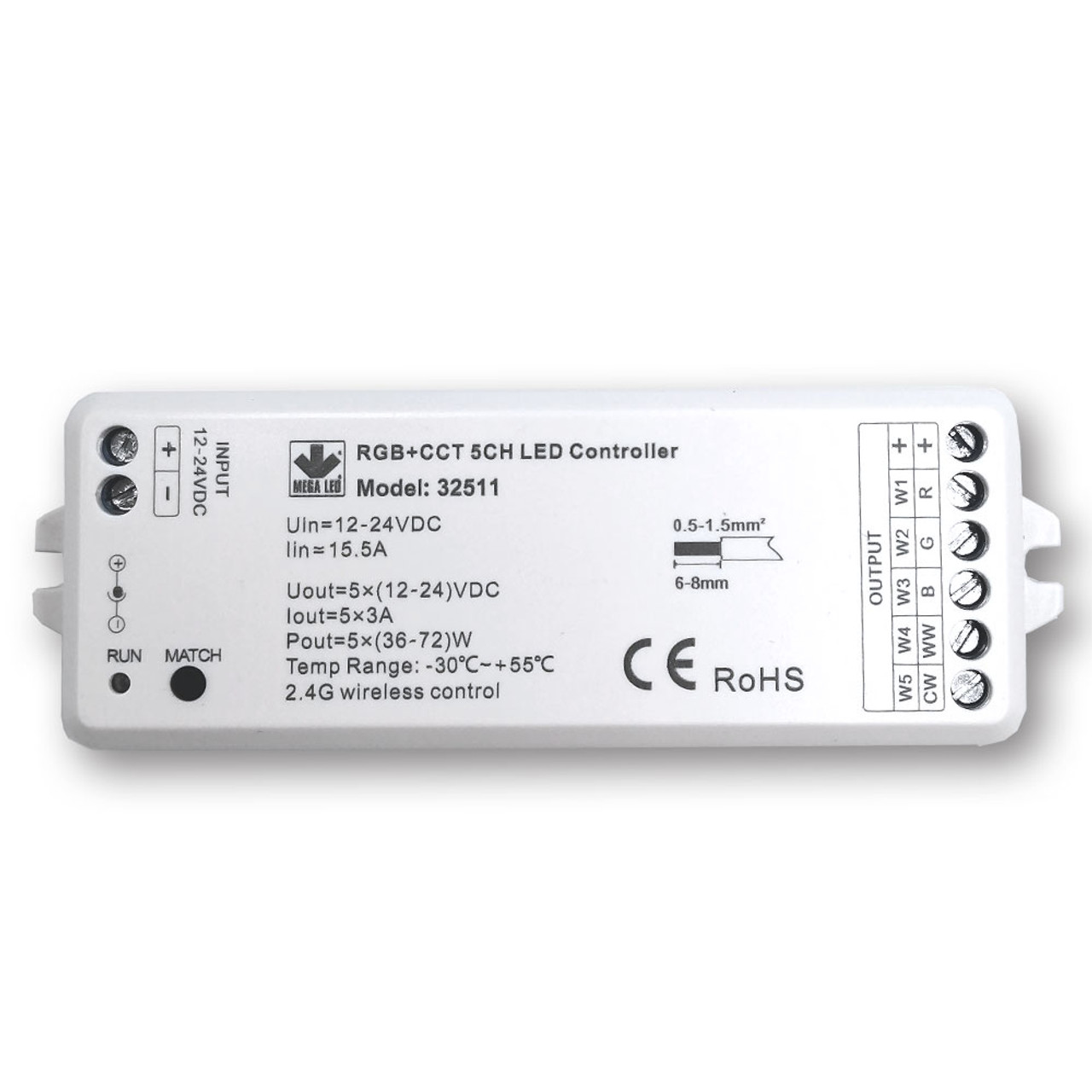 Mega LED - Wireless RF Dimmer Controller - Single Color & RGB+ 2 Whites RF Controller, 5 Channels - Apollo Lighting
