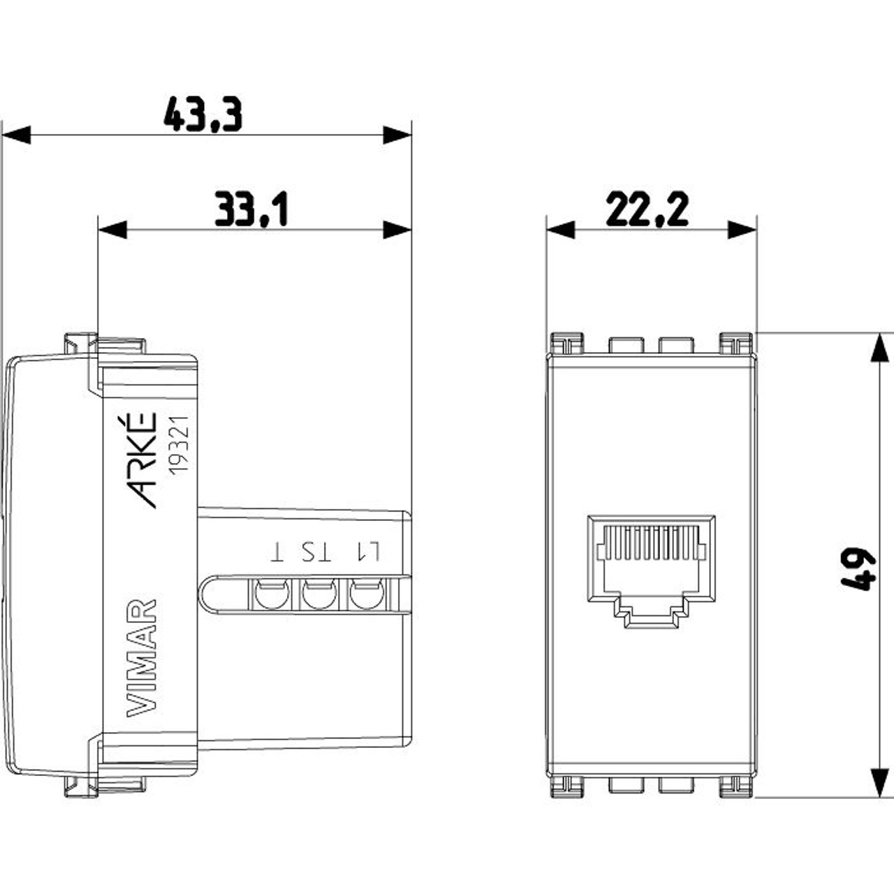 Vimar - Arké 19321 RJ12 Phone Jack - Screw Terminals, 6 Position 6 Conductor - Apollo Lighting